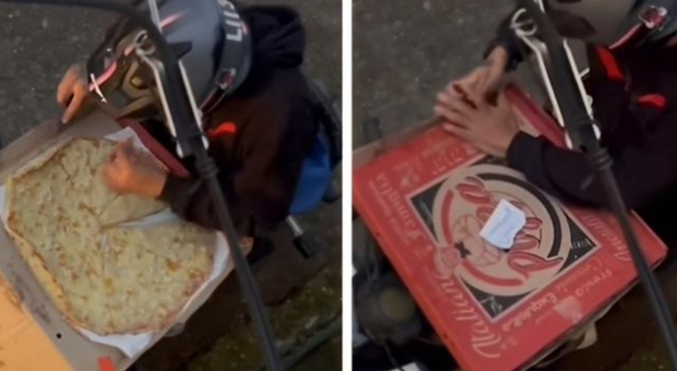 Rider mangia una fetta di pizza prima della consegna, la cliente lo filma dal balcone: «Non me ne sarei mai accorta»