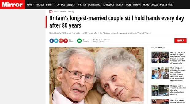Sposati da 80 anni, la coppia record: "Ci teniamo per mano come il primo giorno" (Mirror.co.uk)