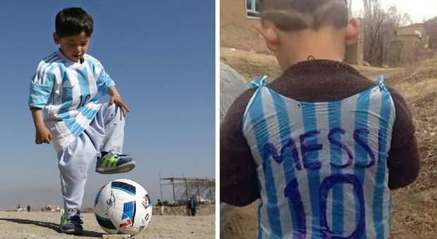 A destra, Murtaza Ahmadi con la maglia di Messi che si era fabbricato artigianalmente. A sinistra, con la maglia ricevuta in regalo dal campione argentino
