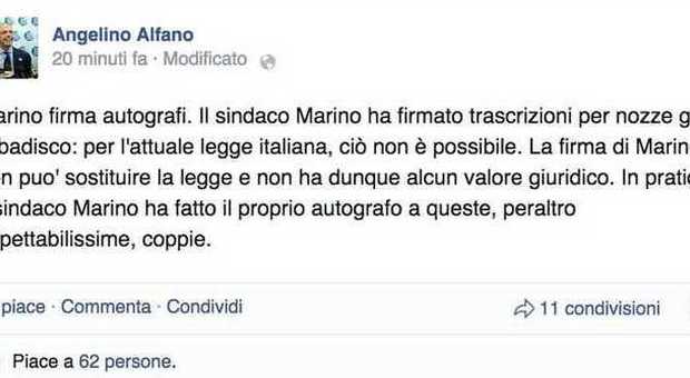 Matrimoni gay, Alfano ironico su fb: "Marino sta firmando autografi" -Il post