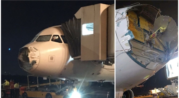 Atterraggio d'emergenza, l'aereo arriva senza muso e con un motore rotto: panico a bordo, cosa è successo FOTO