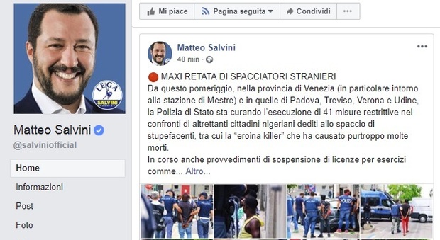 Blitz antidroga a Mestre, Salvini: «“Grazie” ai buonisti che hanno riempito l’Italia di immigrati»