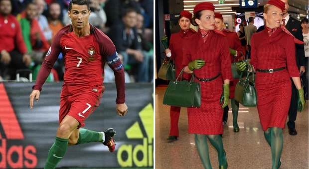 Il Portogallo in divisa rossa e calzettoni verdi, ironia sui social: "CR7 gioca per Alitalia"