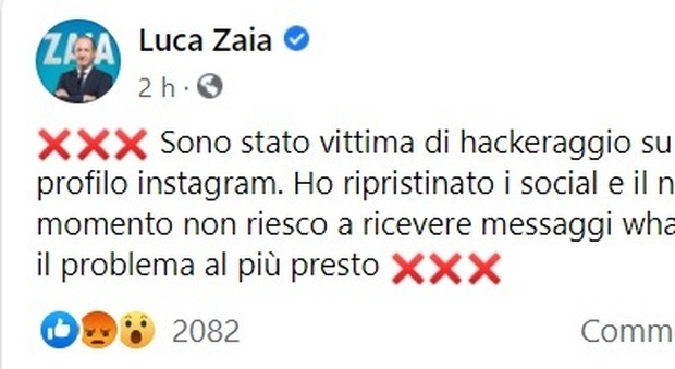 Luca Zaia, attacco hacker al profilo Instagram e a Whatsapp: tutto fuori uso