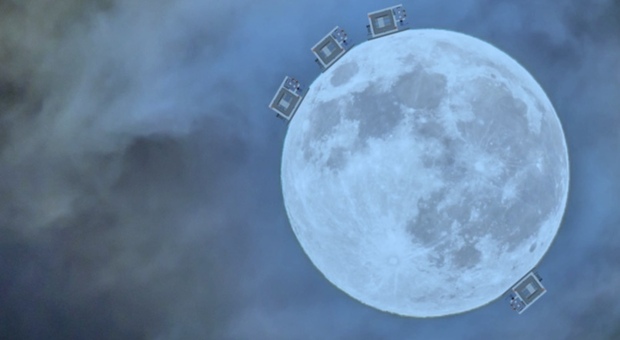 (Un’immagine ad alta risoluzione della Luna con la simulazione dei quattro sismometri LGWA. Credits: Joris van Heijningen (UCLouvain)