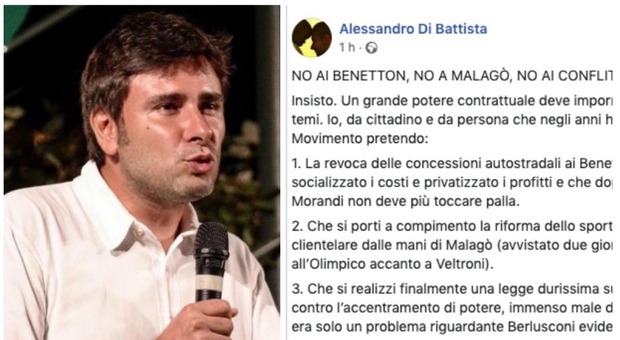 Di Battista boccia l'accordo M5S-Pd: «No a Benetton, Malagò e conflitti di interesse»