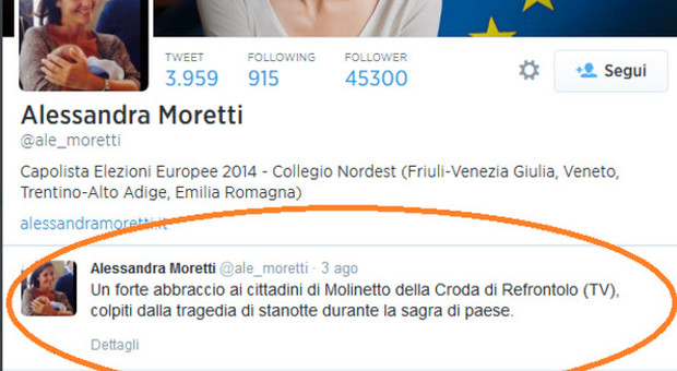 Gaffe della Moretti su Twitter, scrive ai cittadini di Molinetto della Croda