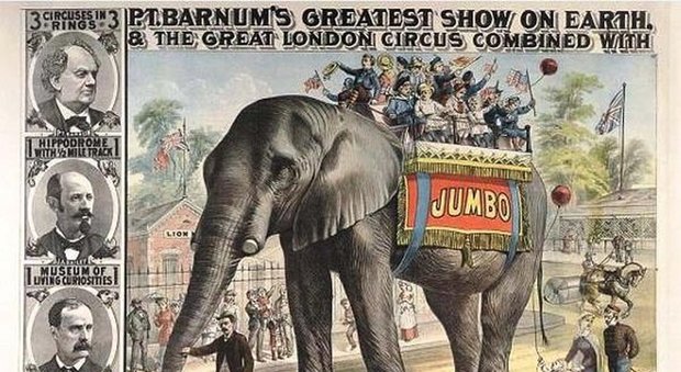 Cartellone pubblicitario d'epoca. Il circo e Jumbo, arrivano in città. (immagine wikimedia)