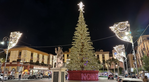 L'albero di Natale di piazza Tasso a Sorrento con la scritta «Non sei sola»