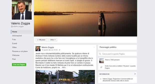 La pagina Facebook del sindaco di jesolo, Valerio Zoggia