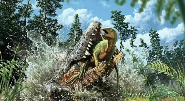 Una ricostruzione cattura gli ultimi istanti di vita di un ornitopode nelle fauci di un coccodrillo del Cretaceo (Credito immagine: illustrazione di Julius Csotonyi)