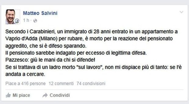 Pensionato spara e uccide ladro in casa, Salvini: ha fatto bene