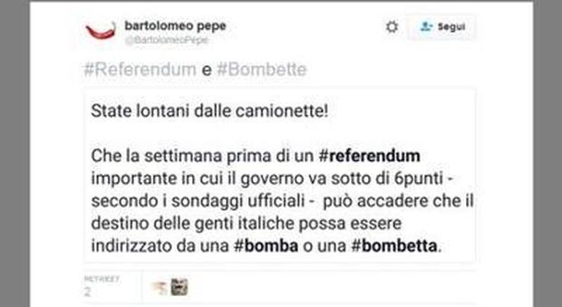 Referendum, il tweet choc del senatore: "Attenti alle bombe"