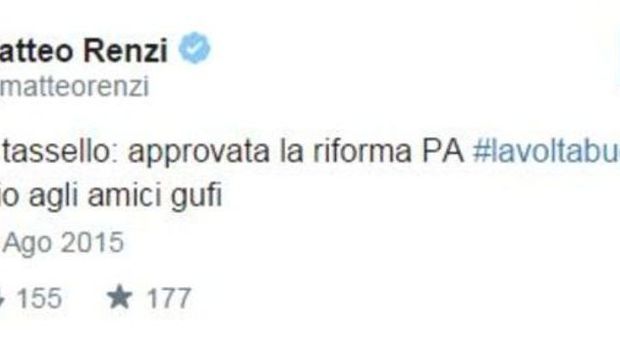 Riforma p.a., il twitter di Renzi: "Amici gufi, un abbraccio"