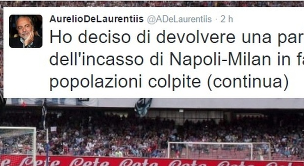 Napoli - Milan, De Laurentiis : "Parte dell'incasso alle popolazioni colpite dal terremoto"