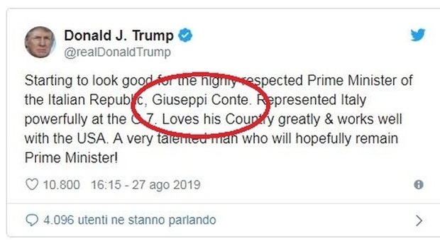 Donald Trump vota Conte, ma sbaglia a scrivere il nome nel tweet