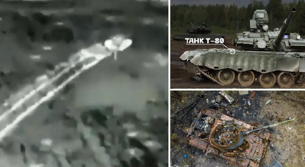 Guerra Ucraina, video in cui un drone colpisce i tank T-80. «Esplosione, poi le fiamme», 2.600 tank persi dai russi
