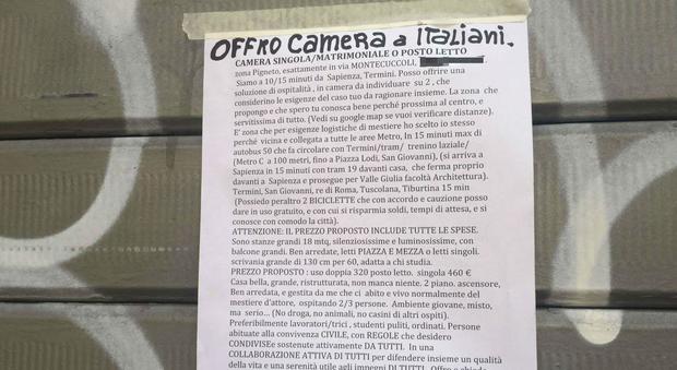 "Affitto solo a italiani": annuncio choc in un cartello a Roma
