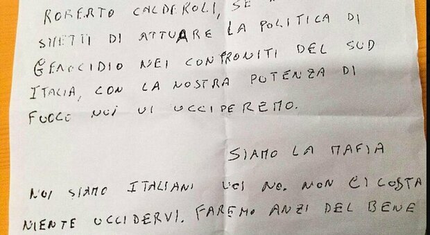 Lettera con minacce di morte al ministro Roberto Calderoli: «Basta genocidio contro il Sud»