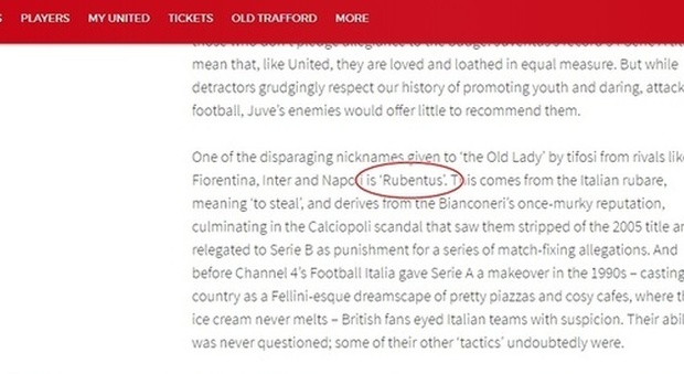 Il sito del Manchester United: «La Juve? La chiamano Rubentus». Poi rimuovono tutto