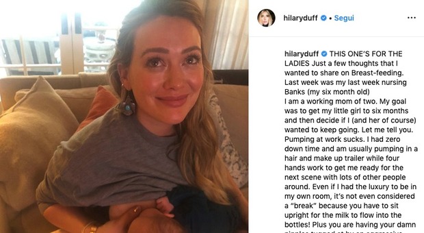 Hilary Duff e l'allattamento: «Dopo sei mesi ho smesso, farlo al lavoro fa schifo»