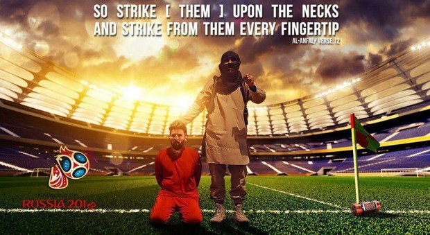 Il nuovo poster rilasciato dall'Isis vede il calciatore tenuto prigioniero nello Stadio Lužniki di Mosca.