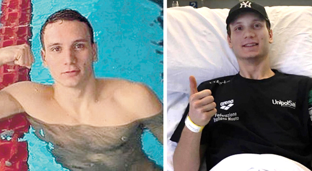 Manuel Bortuzzo in piscina, qualche mese fa prima del grave ferimento che l'ha paralizzato e nel filmato registrato alla clinica Santa Lucia