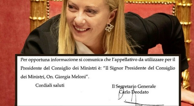 Giorga Meloni va chiamata «il signor presidente del Consiglio». Palazzo Chigi lo comunica ai ministeri