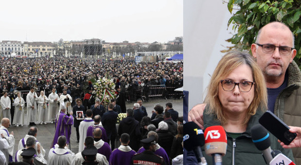 A sinistra la folla ai funerali di Giulia Cecchettin, a destra il sindaco di Torreglia Marco Rigato