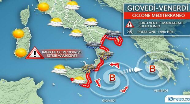 Un ciclone in azione sullo Ionio: venti e mareggiate, lambita la Puglia. Domani l'impatto sulla Grecia a 160 km/h