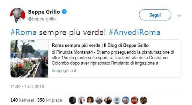 Beppe Grillo twitta "Roma sempre più verde". Ma la reazione social è impetuosa