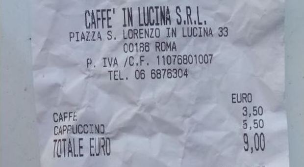 Roma, caffè e cappuccio: scontrino da guinness, commessa paga 9 euro