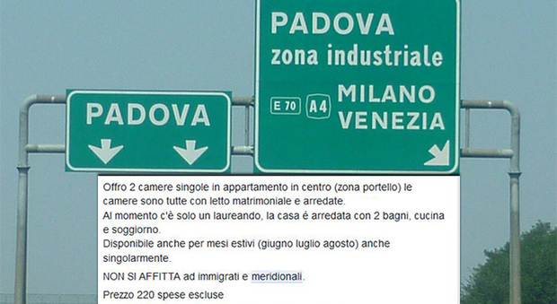 Cartelli autostradali direzione Padova e lo screen shot di un annuncio antimeridionale