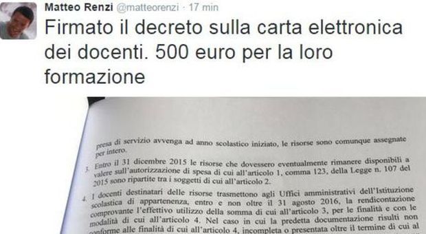 Scuola, Renzi twitta: firmato decreto 500 euro per formazione docenti