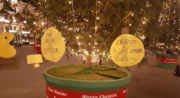 Sit-in contro i "divieti" del sindaco: cartelli e scritte sugli abeti di Natale