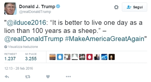 Trump twitta Mussolini: "Meglio un giorno da leone..."