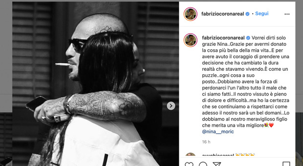 Fabrizio Corona, le dolci parole su Instagram per l'ex moglie Nina Moric. «Vorrei dirti solo grazie» IL POST
