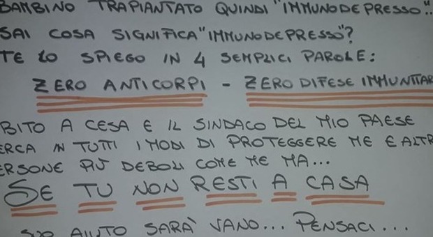 Coronavirus in Campania, l'appello del bimbo trapiantato: «Se vuoi salvarmi resta a casa»