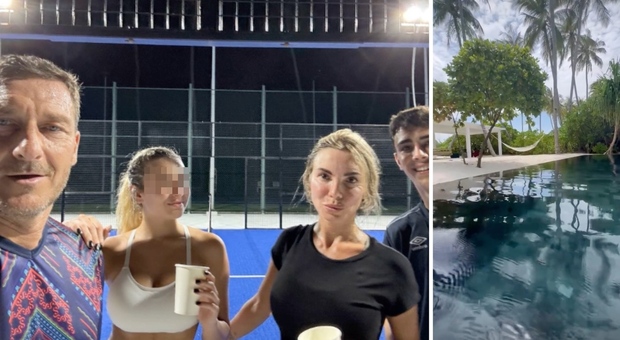 Francesco Totti alle Maldive per Pasqua con Noemi Bocchi e la figlia Chanel con il fidanzato Cristian Babalus: la partita a padel di coppia