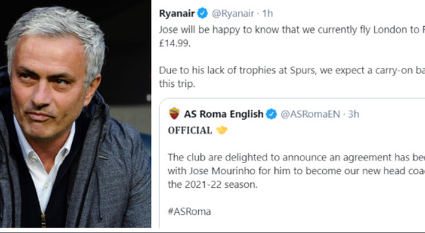 Mourinho, Ryanair prende in giro lo Special One: «A Roma solo con bagaglio a mano»