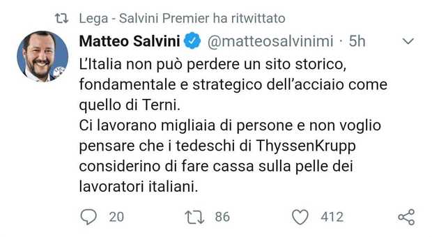 Ast in vendita, il tweet di Salvini: «Thyssen non farà cassa sui lavoratori italiani» E il sindaco Latini risponde: «Grazie Matteo, sapevo di poter contare su di te»