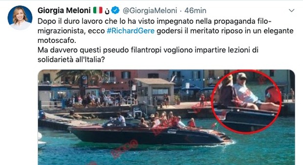 Richard Gere in motoscafo, Giorgia Meloni: «Pseudo filantropi, vogliono dare lezioni all'Italia?»
