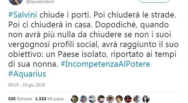 Salvini, l'ira della Boldrini: «Chiude i porti, le strade e poi ci chiuderà in casa. E isolerà l'Italia»