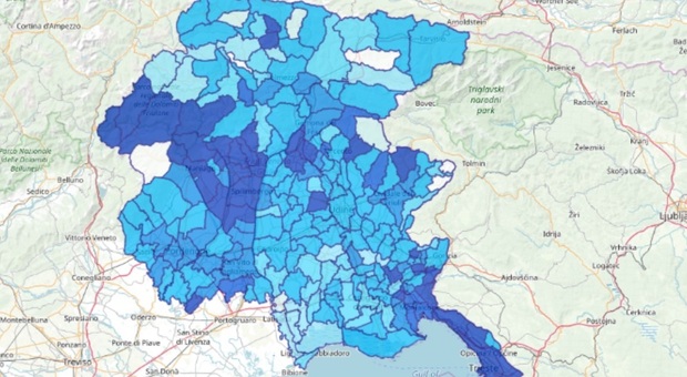 La mappa aggiornata, colorate di blu scuro le aree più colpite dal Covid