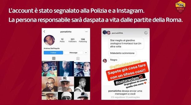 Frasi razziste su Instagram a calciatore della Roma: daspo di 3 anni all'autore