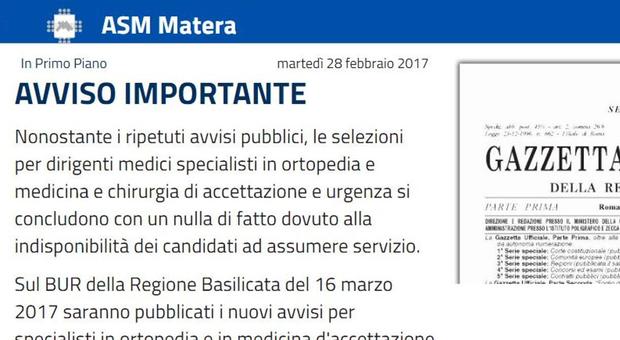 Cercasi 14 medici da assumere a Matera: 3mila euro al mese, zero risposte