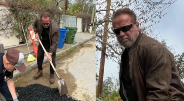 Schwarzenegger ripara una buca in strada: «Pazzesco, era qui da 3 settimane. Non lamentiamoci, facciamo qualcosa»