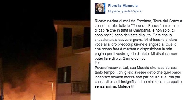 Incendi sul Vesuvio, la solidarietà di Fiorella Mannoia: «Sono con voi»