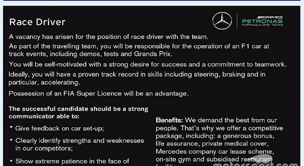 Mercedes, casting e ironia: «aaa pilota cercasi...»