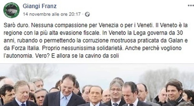 «Niente pietà per Venezia e i veneti», frasi choc su Facebook, il prof rischia il posto